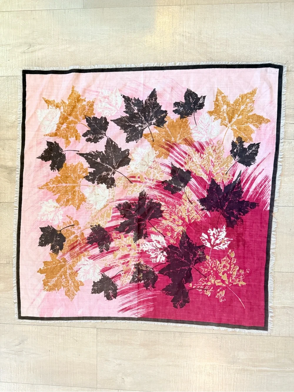 VTG Leaf Print large Square wool scarf 30.5 x 30.5 Pink Burgundy brown mustard